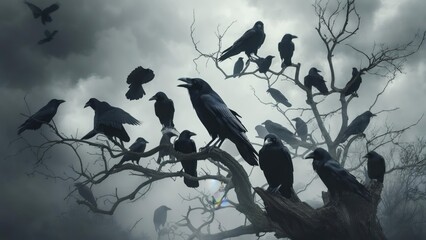 Ominous Gathering of Crows on a Gnarled Tree in Eerie Fog