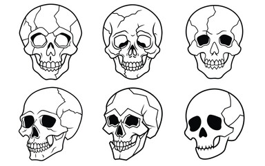 Collection of human skull illustrations. Creepy Human Cracked Skulls Set Illustration