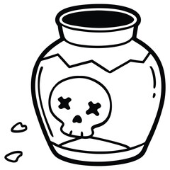 Cartoon illustration of a glass jar with a skull and crossbones symbol for poison. Witch jar with skull and broken glass