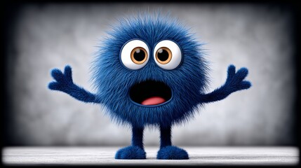 Blue furry cartoon character with large expressive eyes and an open mouth, standing with arms raised in a playful pose, set against a soft gray background, conveying a sense of excitement and fun
