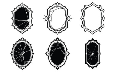 Collection of ornate vintage oval and elongated frames with cracked glass. Decorative Ornate Cracked Mirror Set Illustration