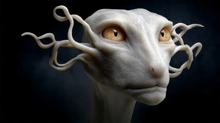 Naklejka premium Unique alien creature with elongated features and intricate tendrils, showcasing a captivating gaze with large amber eyes, set against a dark, atmospheric background, evoking a sense of mystery and in