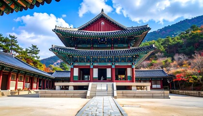 Obraz premium A grand, multi-tiered Asian temple complex, showcasing traditional architecture with vibrant autumnal colors and a backdrop of lush mountains.