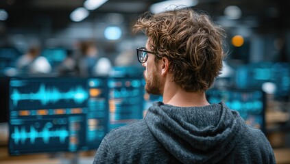 A young man, back-lit by multiple large screens displaying complex data visualizations, stands in a modern control room