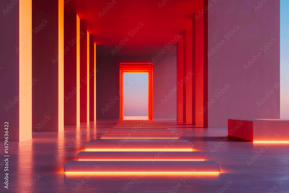 Poster a clean and minimalist architectural corridor with a glowing light at the end symbolizing a path for