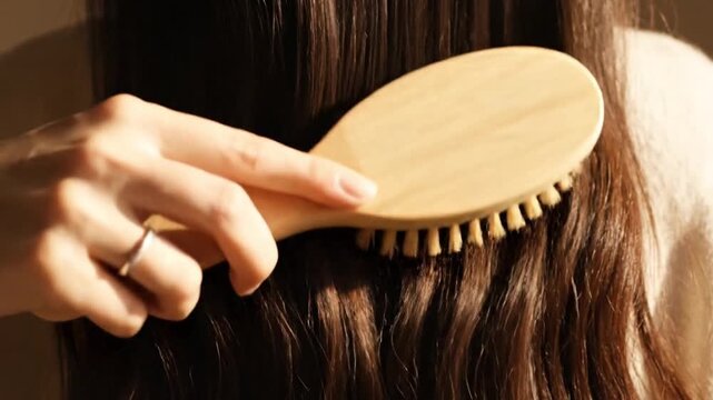 Brushing hair with a wooden brush to improve hair health and appearance and create a healthy scalp for smooth, shiny and manageable locks