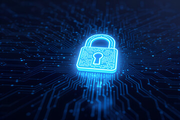Glowing blue digital padlock icon representing cybersecurity and data protection on a dark technological background
