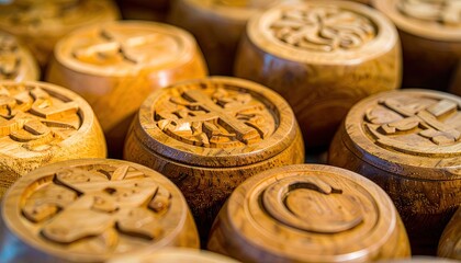 Close-up of Carved Wooden Ritual Objects with Sacred Symbols