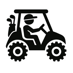 Icon of a golfer driving a golf cart with a bag of clubs. Simple vector graphic for sports and recreation