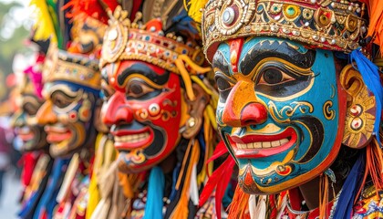 Close-Up of Colorful Ceremonial Masks Worn by Dancers