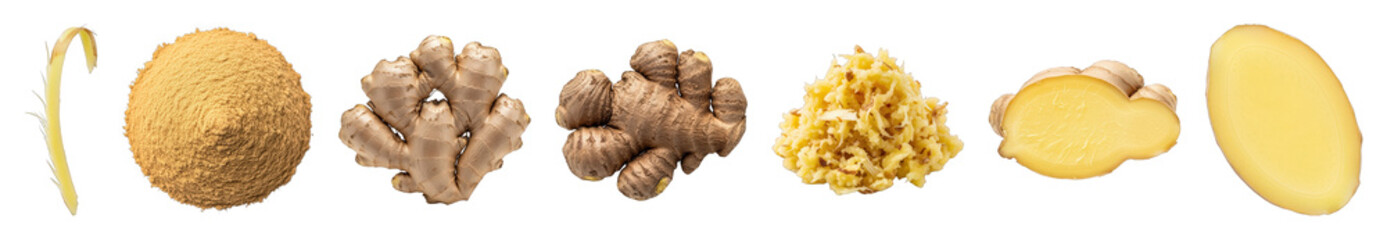 Ginger set including whole roots, powder, grated, peeled, slice, and sprout forms isolated. Culinary spice and health food ingredient.