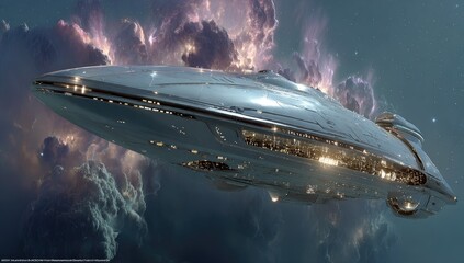 Obraz premium Sleek, silver spaceship soars through a vibrant, cosmic nebula