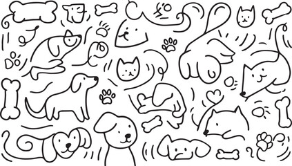 Obraz premium Black and White Doodle Pattern with Dogs Cats and Bones Playful and Whimsical Artwork Ideal for Childrens Designs and Pet Related Graphics