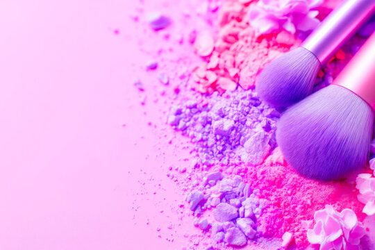 A creative and stylish image of pink and purple makeup brushes with cosmetic powder representing beauty color and professional art