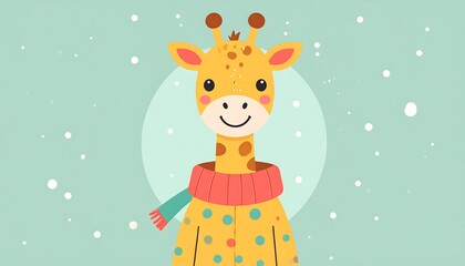 Cute giraffe in winter clothes, snowy background