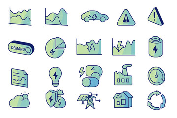 Energy management concepts illustrated through various icons representing graphs, vehicles, and sustainability tools