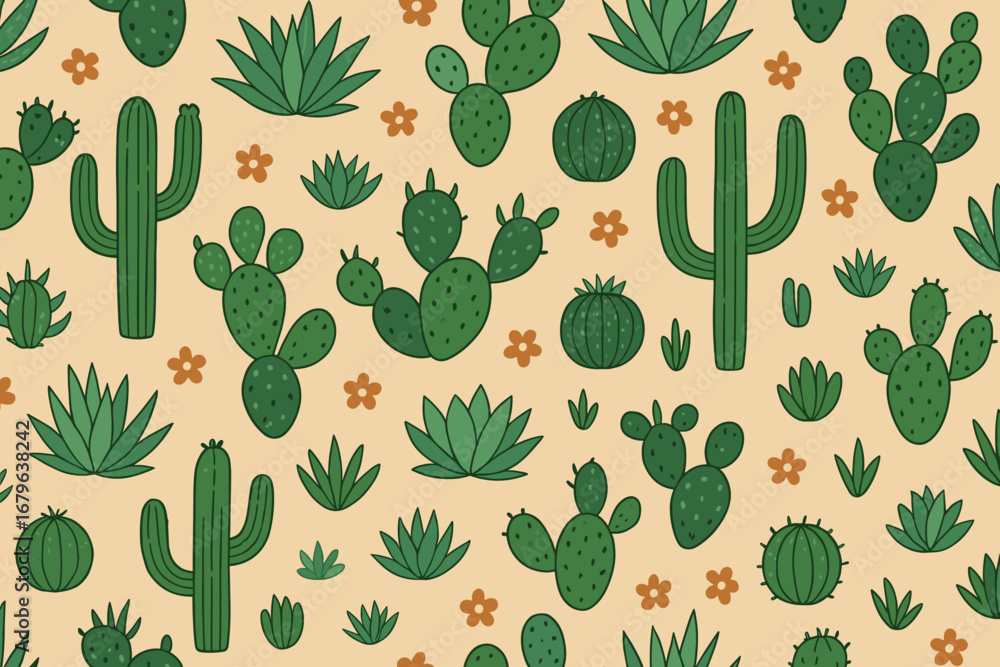 Poster Green cactus and succulent pattern on a light background featuring various shapes and sizes of desert plants