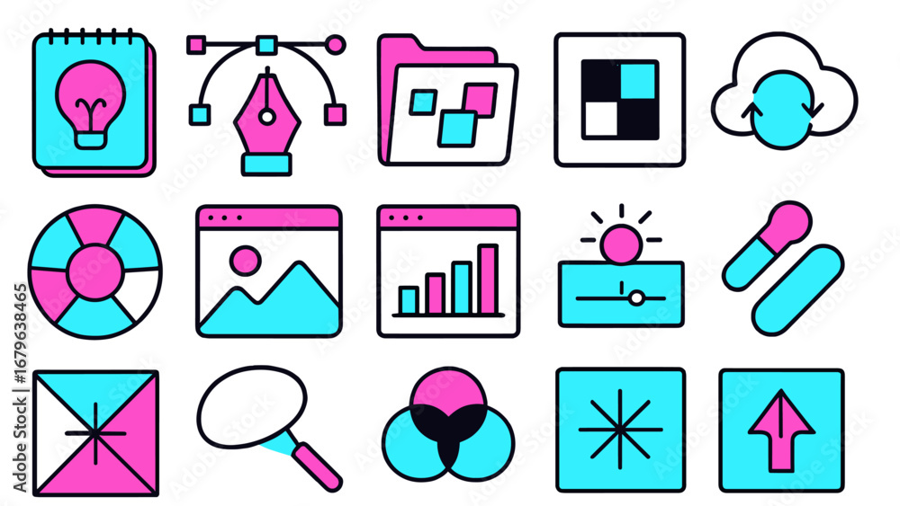 Aufkleber creative design elements featuring icons related to digital tools and applications in modern technol