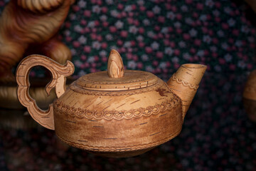 Teapot made of wood in the museum of Tula