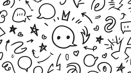 Doodle Pattern with Arrows Hearts Stars Speech Bubbles and Abstract Shapes on White Background Hand Drawn Style Design