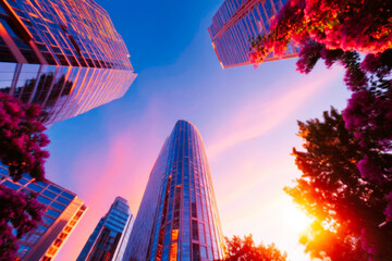 Obraz na płótnie Canvas A dynamic lowangle view of towering city skyscrapers at sunrise with a vibrant sky symbolizing urban growth ambition and modern life