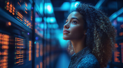 Young Woman Gazing at Glowing Server Racks in a Modern Data Center