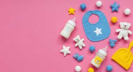 Baby Shower Gifts and Essentials on Pink Background