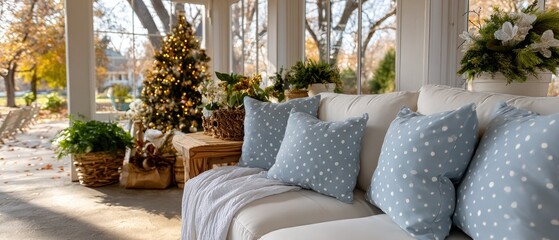 Fototapeta premium A welcoming indoor area features soft cushions and festive decor, creating an inviting atmosphere for relaxation and socializing in winter