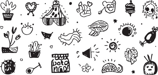 Fototapeta premium Hand Drawn Doodle Illustration of Various Objects and Shapes in Black and White Minimalist Style for Designs and Creative Projects