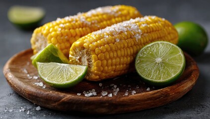 Two ears of seasoned corn on a wooden board, with lime wedges