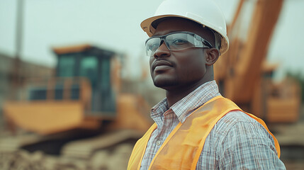 Confident African male construction or mining worker, yellow safety helmet and work shirt, standing folded arms in front of a large yellow dump truck. Mining or construction site. professionalism and 