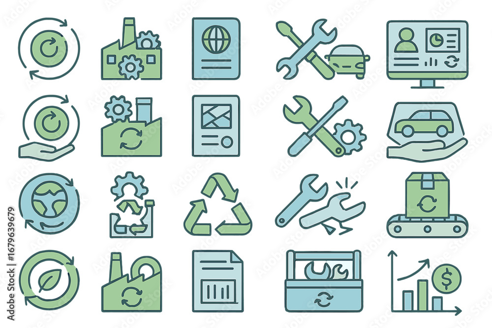 Poster infographic of recycling and sustainability concepts with icons representing industries, tools, and 