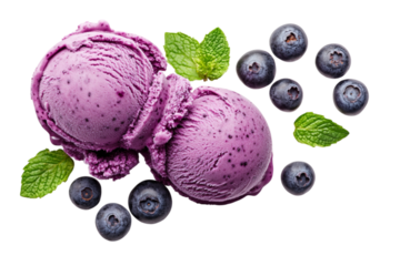 Two scoops of blueberry ice cream with fresh blueberries and mint leaves isolated on transparent background