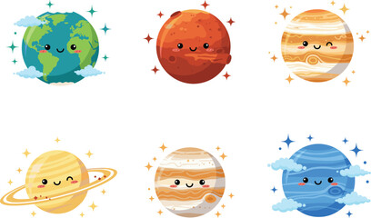 Cute cartoon planets, smiling solar system characters, Earth Mars Jupiter Saturn Neptune, educational space illustration, kids astronomy design, vector clipart