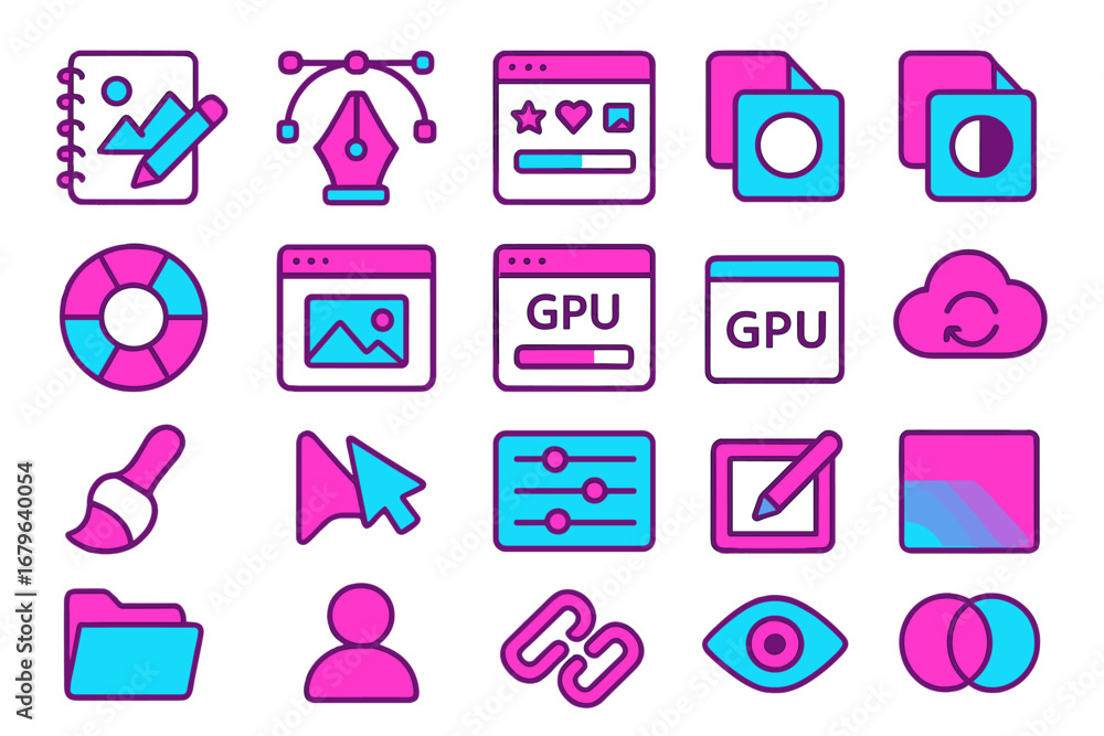 Poster digital design icons arranged in a grid showcasing various tools and elements used in graphic design