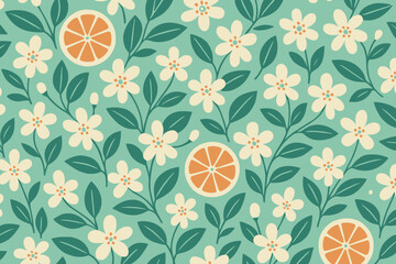 Floral and citrus pattern with light green background showcasing blooming flowers and orange slices