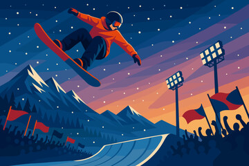 Snowboarder performing tricks at night in a mountainous terrain during a winter sports event