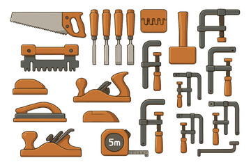 Collection of various woodworking tools arranged on a white background for DIY projects and craftsmanship
