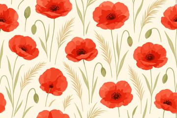 Fototapeta premium Vibrant poppy flowers illustrated against a soft background with delicate green foliage in a charming floral design