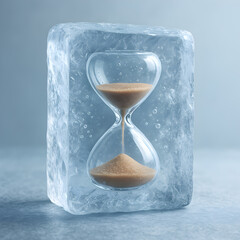 Frozen Time: The timeless beauty of an hourglass frozen inside a block of ice, symbolizing the captivating concept of time, and the transient nature of moments. 