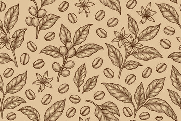 Seamless vintage pattern with hand-drawn coffee branches, beans, leaves, and flowers on kraft paper background