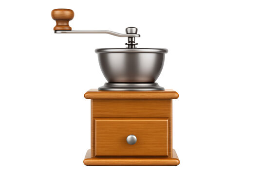 Vintage wooden manual coffee grinder with metal hopper and crank handle isolated on transparent background
