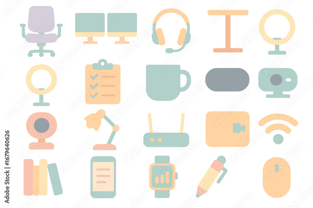 Poster collection of office equipment and technology icons arranged in a colorful grid layout for remote wo