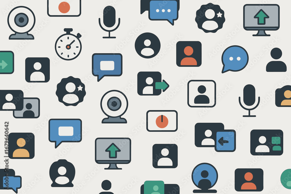 Poster digital communication icons representing online meetings and virtual interactions in a seamless patt