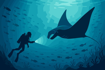 Diver exploring underwater world encounters majestic manta ray in a serene ocean setting at night