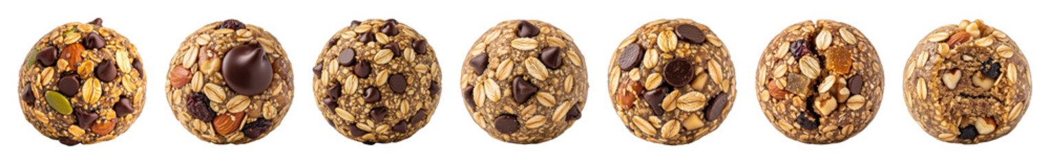Obraz premium Healthy energy ball set with assorted oats, nuts, seeds, and chocolate chip ingredients isolated. Wholesome snack food.