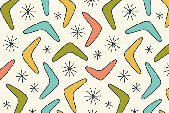 Colorful geometric pattern featuring stylized shapes and stars on a light background