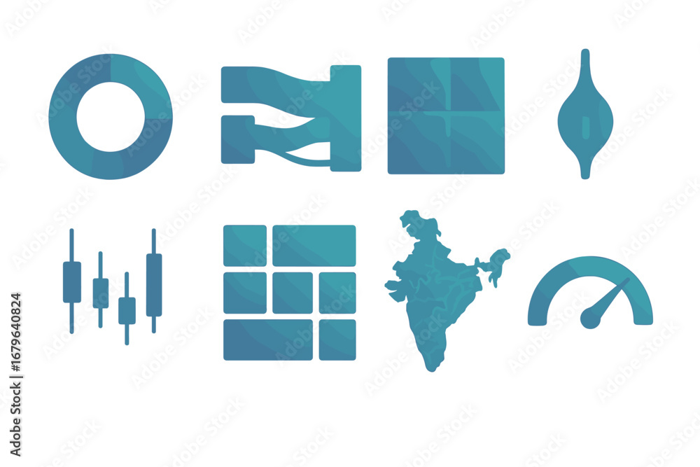 Poster design elements featuring abstract shapes and symbols related to finance and geography