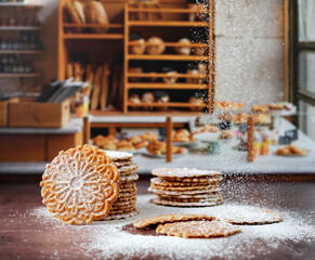 Stacks of Pizzelles on a Bakery Counter with Powdered Sugar Being Sprinkled over Them