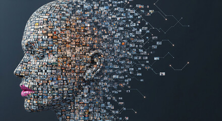 Digital Mosaic AI Head Composition on Dark Background